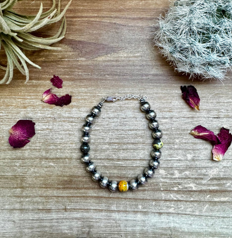 8 mm Sterling Silver Pearls with Bumblebee Jasper || Bracelet