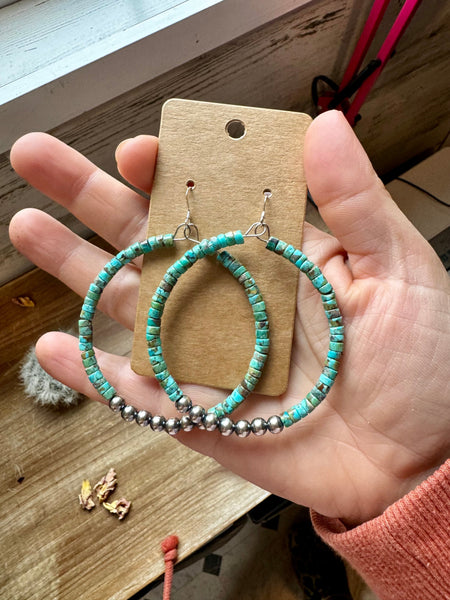 Big Turquoise with Sterling Silver Pearls || Hoop Earrings