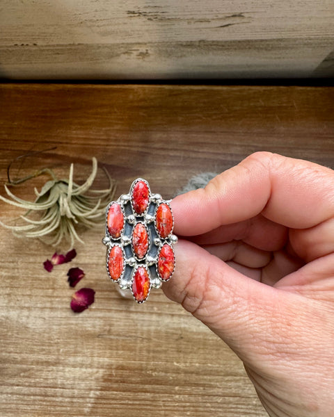 Red Spiny and Sterling Silver Cluster || Size 7 Ring