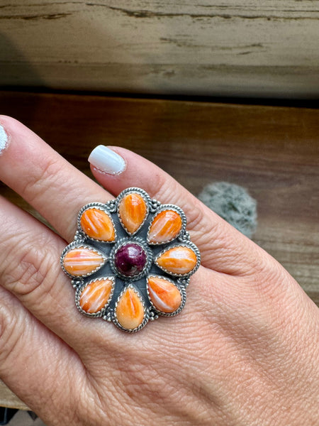 Orange and Purple Spiny Cluster and Sterling Silver || Adjustable Ring