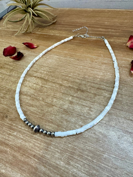 Sterling Silver Pearls and White Shell Heishi 14 inch || Choker Necklace