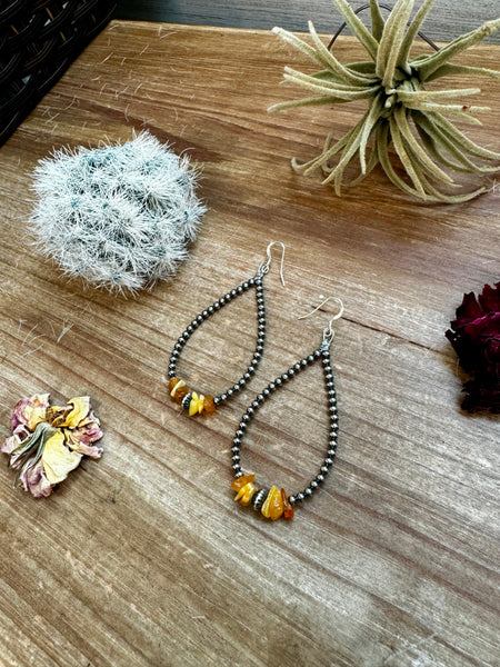 Teardrop 3 mm Sterling Silver Pearls with Yellow Amber || Earrings