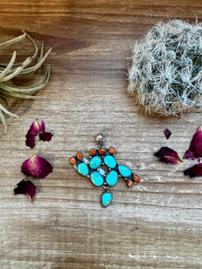 Sterling Silver with Turquoise & Coral Cactus || Pendant