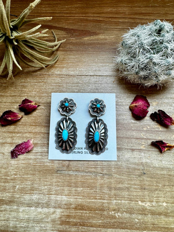 Long Sterling Silver with Turquoise || Stud Dangle Earrings