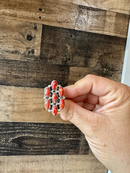 Red Spiny and Sterling Silver Cluster || Size 7 Ring