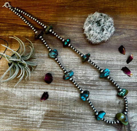 Chunky Turquoise with Sterling Silver Pearls 31 inch || Necklace