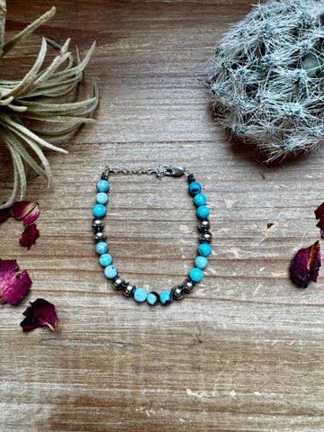 6 mm Sterling Silver Pearls with Blue Opal || Bracelet