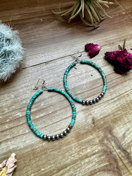 Big Turquoise with Sterling Silver Pearls || Hoop Earrings