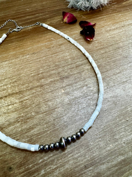 Sterling Silver Pearls and White Shell Heishi 14 inch || Choker Necklace