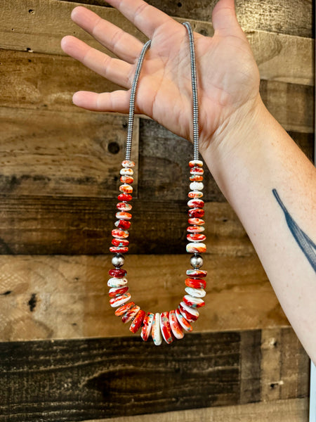 Red Spiny/Turquoise, Hematite and Sterling Silver Pearls 22 inch || Necklace