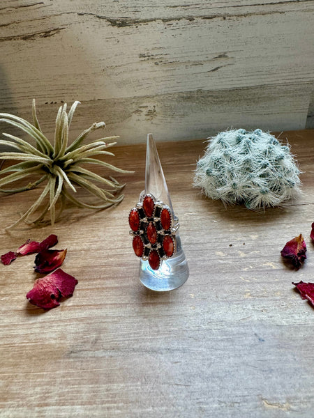 Red Spiny and Sterling Silver Cluster || Size 7 Ring