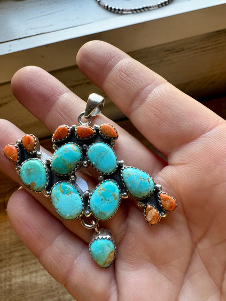 Sterling Silver with Turquoise & Coral Cactus || Pendant