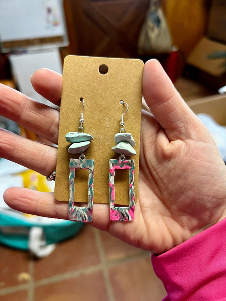 None Polish Turquoise Rectangle Dangle || Earrings