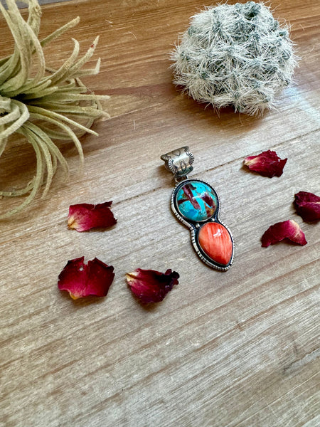 Sterling Silver with Orange Spiny and Turquoise || Pendant