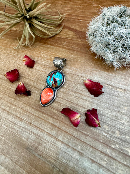 Sterling Silver with Orange Spiny and Turquoise || Pendant