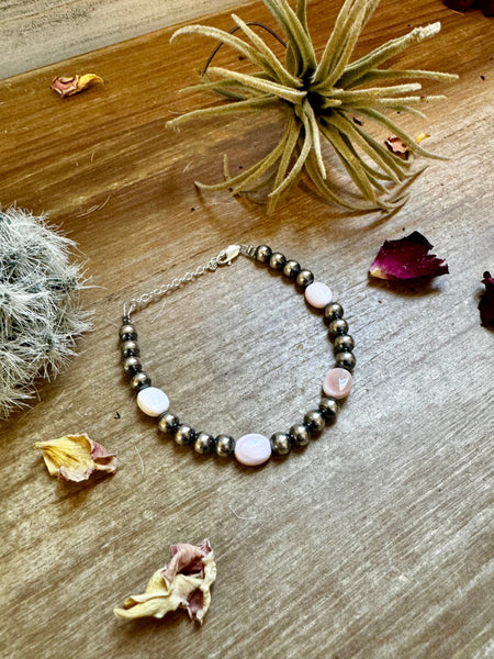 6 mm Sterling Silver Pearls with Pink Conch || Bracelet