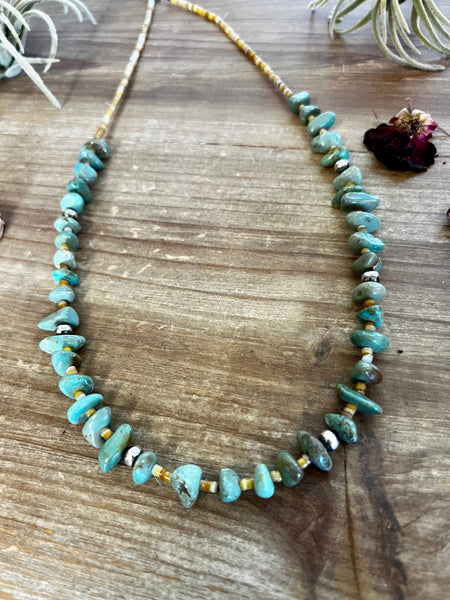 Green Turquoise, Shell and Sterling Silver Pearls 24 inch || Necklace