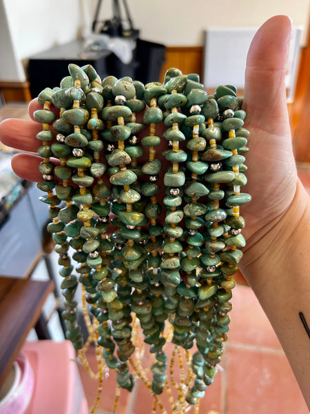 Green Turquoise, Shell and Sterling Silver Pearls 24 inch || Necklace