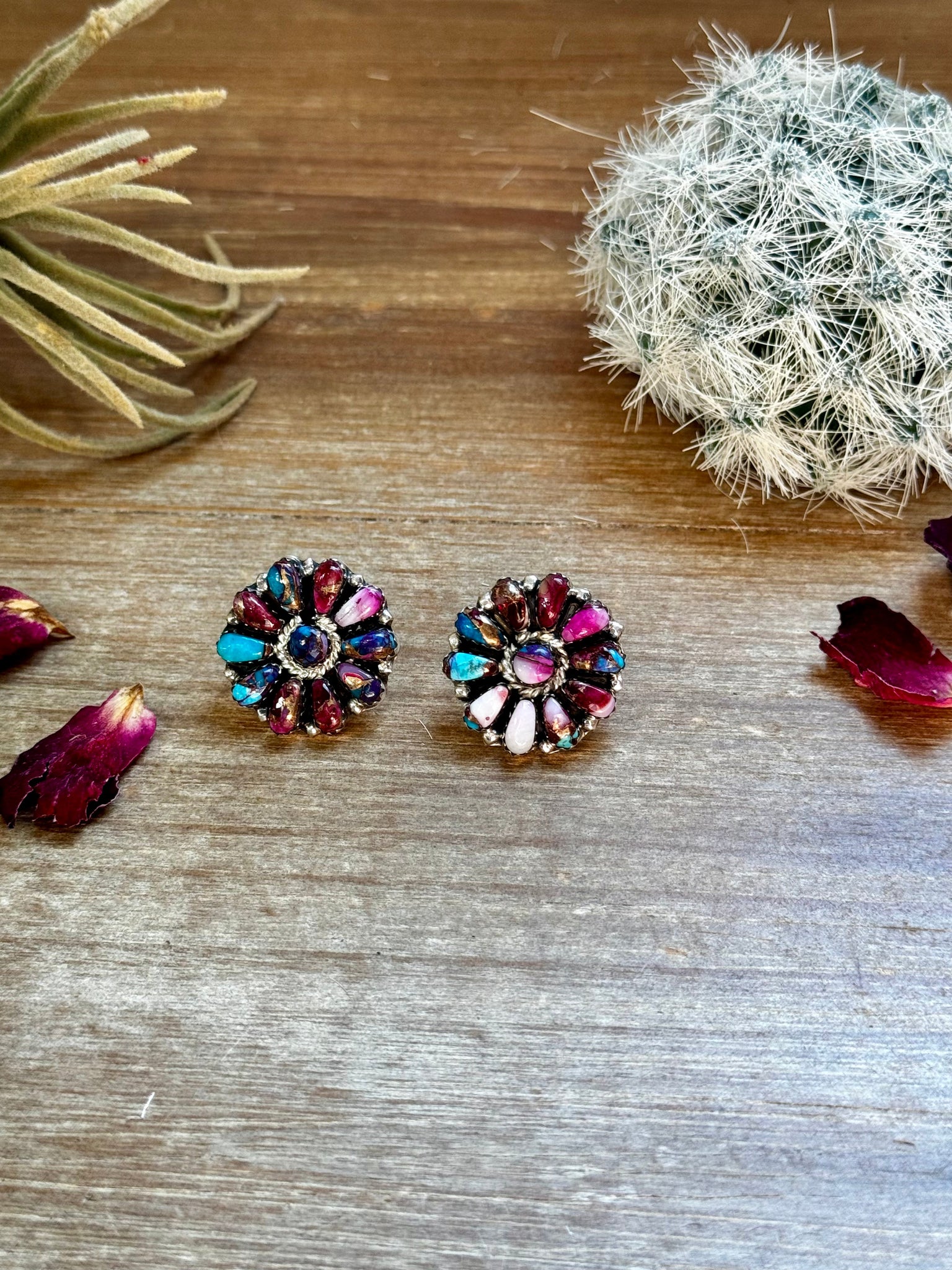 Mixed Pink Dahlia and Purple Mohave Flower || Stud Earrings