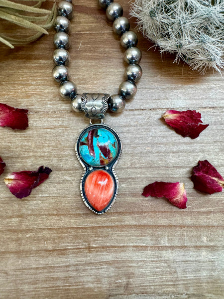 Sterling Silver with Orange Spiny and Turquoise || Pendant