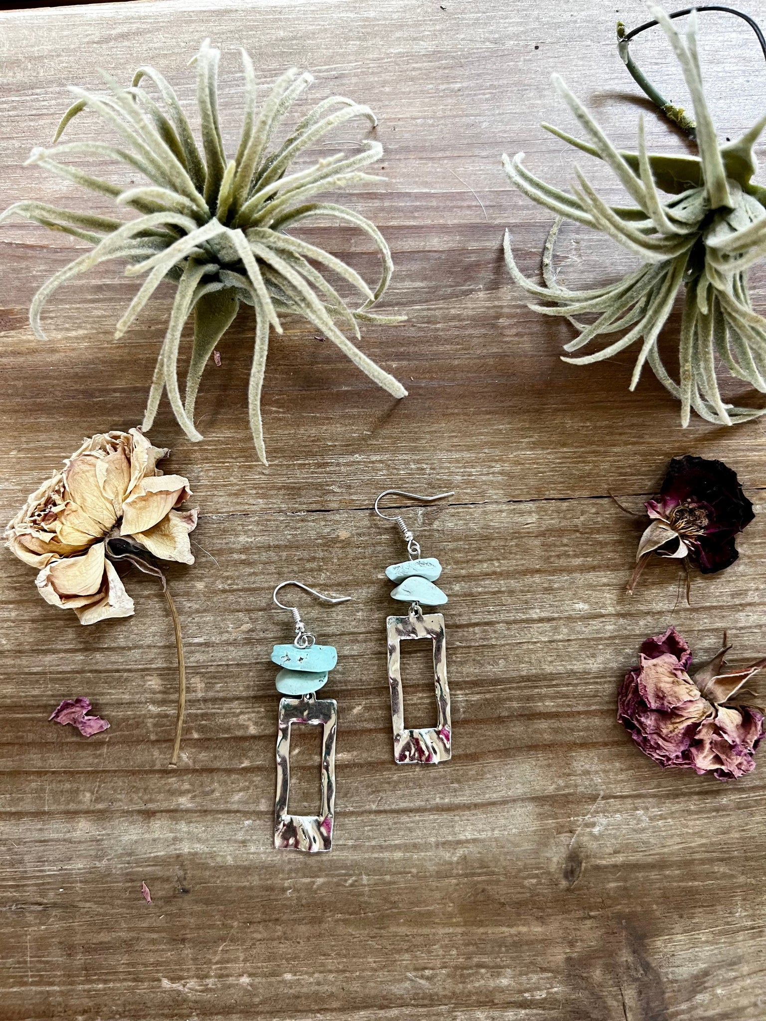 None Polish Turquoise Rectangle Dangle || Earrings