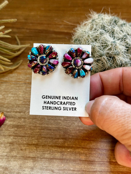 Mixed Pink Dahlia and Purple Mohave Flower || Stud Earrings