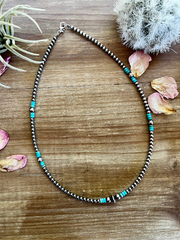 4 mm Sterling Silver Pearls and Turquoise 19 inch || Necklace