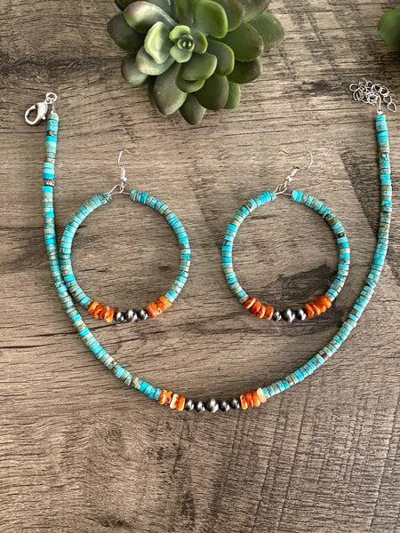 Sterling Silver Pearls and Turquoise Heishi || Hoop Earrings