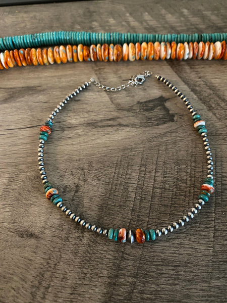 Real Turquoise, Spiny Oyster, and Sterling Silver Pearls 14 inch || Choker Necklace