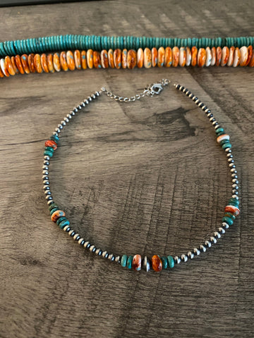 Real Turquoise, Spiny Oyster, and Sterling Silver Pearls 14 inch || Choker Necklace