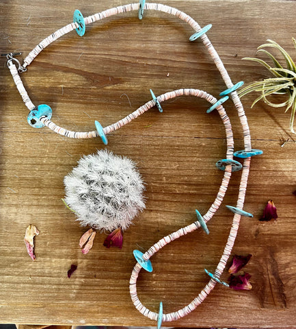 Shell and Light Blue Rondelle Turquoise 38 inch || Necklace