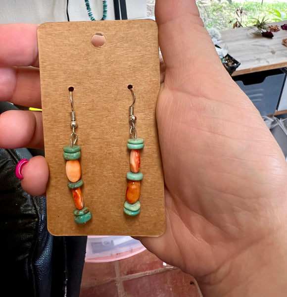 Orange Spiny and Green Turquoise Dangle || Earrings