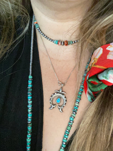 Real Turquoise, Spiny Oyster, and Sterling Silver Pearls 14 inch || Choker Necklace