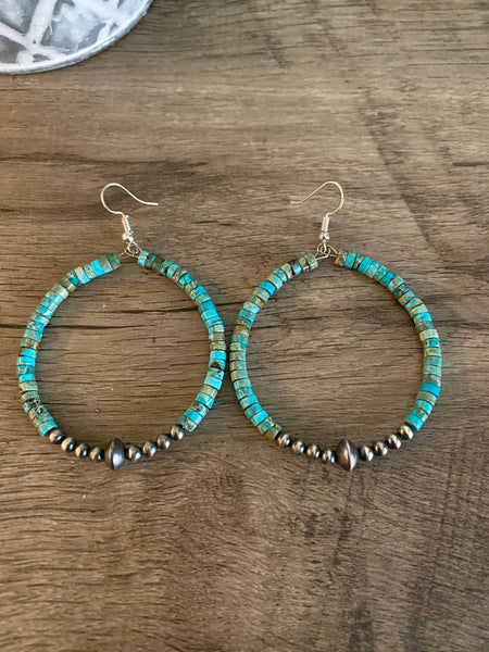 Sterling Silver Pearls and Variscite || Hoop Earrings