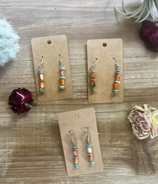 Orange Spiny and Green Turquoise Dangle || Earrings