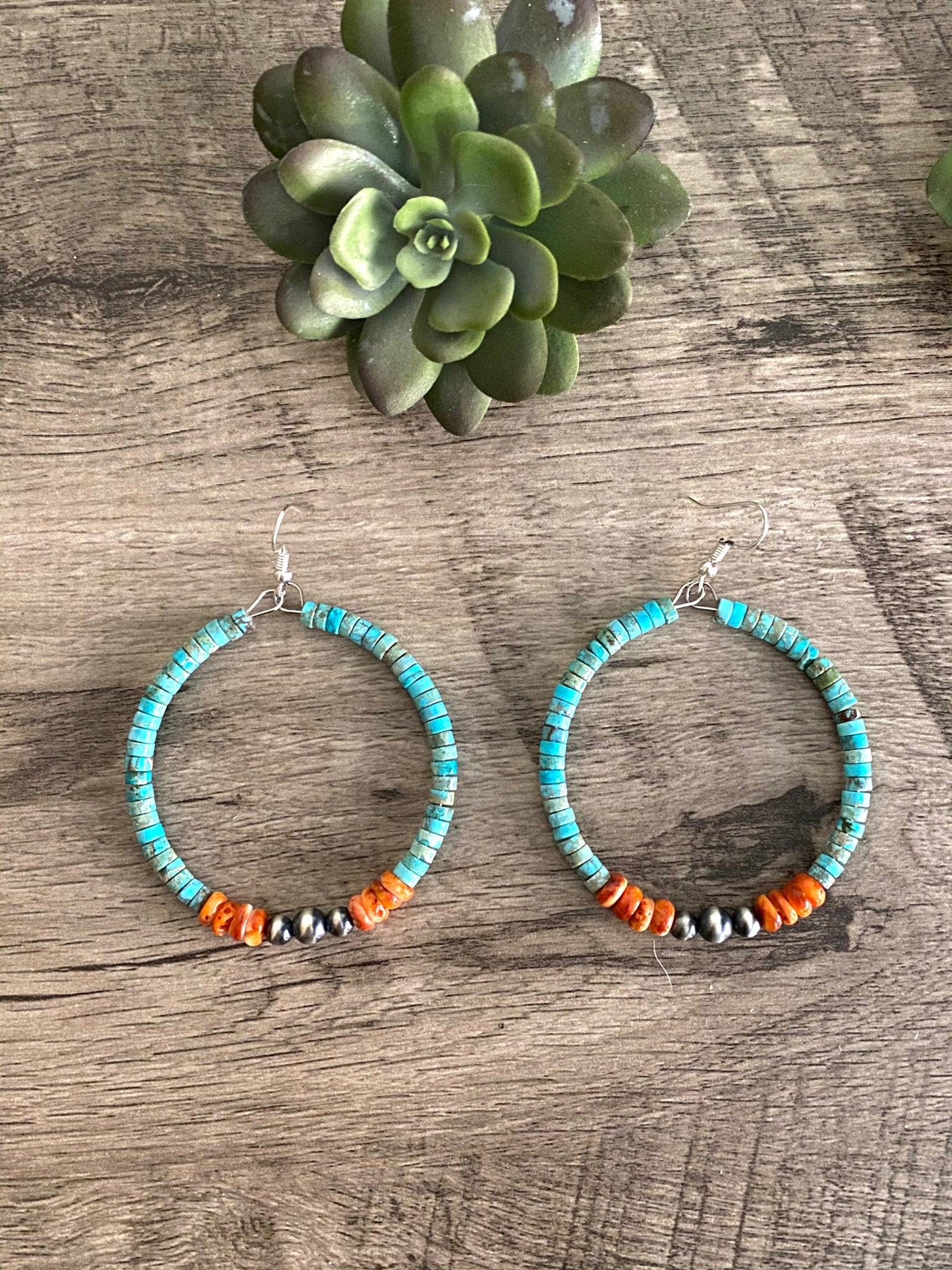 Sterling Silver Pearls and Turquoise Heishi || Hoop Earrings