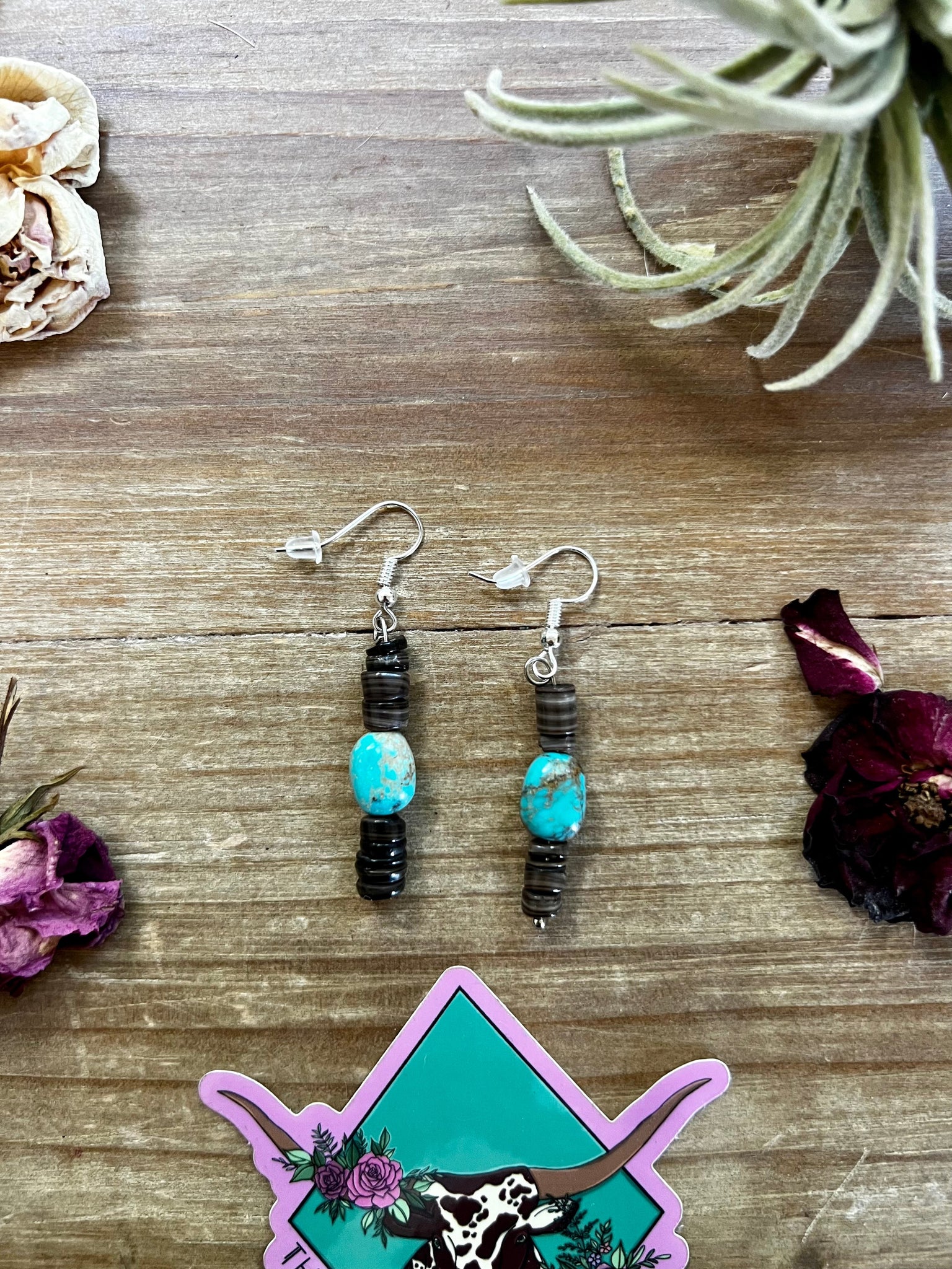 Green Turquoise with Brown Shell || Earrings