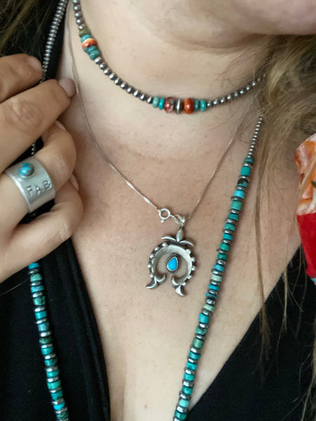 Real Turquoise, Spiny Oyster, and Sterling Silver Pearls 14 inch || Choker Necklace