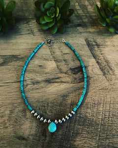 Sterling Silver Pearls and Turquoise Heishi  14 inches || Choker Necklace