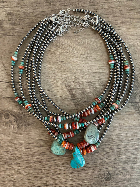 Teardrop Turquoise & Spiny Oyster and Sterling Silver Pearls 14 inch || Choker Necklace