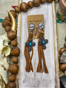 The Presley Leather and Buffalo Nickel Earrings || Turquoise Cross + Camel Fringe