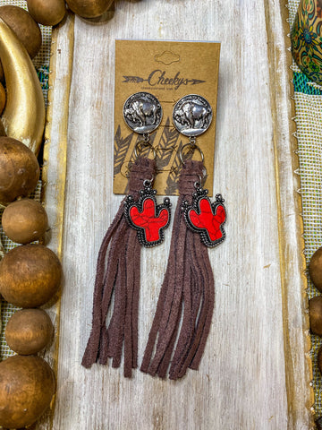 The Presley Leather and Buffalo Nickel Earrings || Red Cactus + Brown Fringe