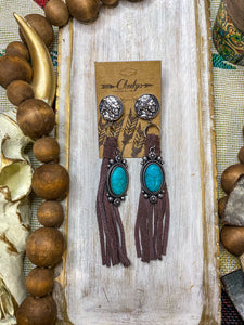 The Presley Leather and Chief’s Head Nickel Earrings || Turquoise Pendant + Brown Fringe